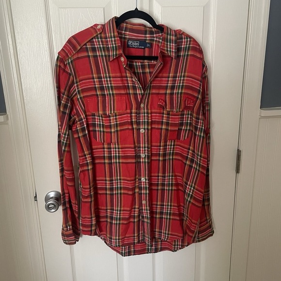 Polo Ralph Lauren Shirt Adult Large Red Plaid Silk Linen Button Up Mens L - Picture 1 of 10